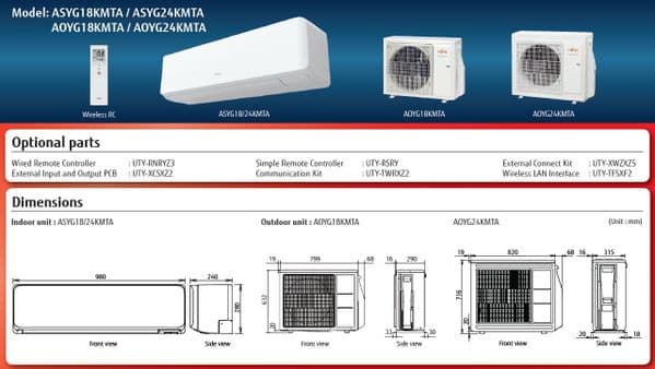 Fujitsu Air conditioning ASYG24KMTA Wall Mounted Heat pump Inverter A++ R32 7Kw/24000Btu 240V~50Hz